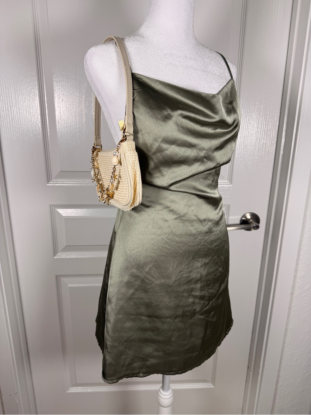 PrettyLittleThing Olive Satin Cowl Slip Mini Dress